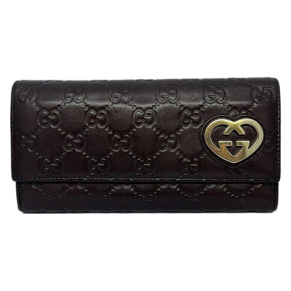 GUCCI Lovely Dark Brown Gold Leather Long Wallet bran254-101825 - Picture 1 of 5